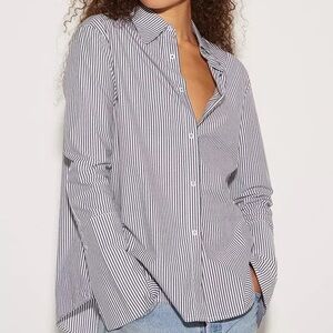 RARE Misha Nonoo 'Husband' Blue & White Stripped Shirt with Silver Stud Closure